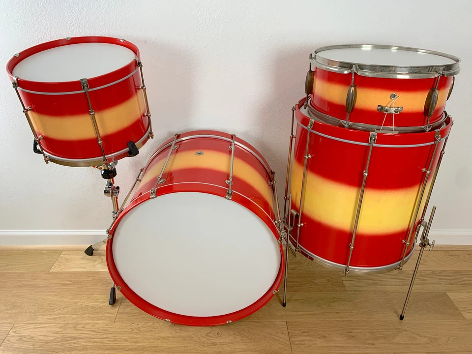 DECOLITE 4-Pc Drum Kit 60s 13-16-20-5x14 Snare 60s Vtg Gretsch Shells Red Yellow - Image 2 of 4