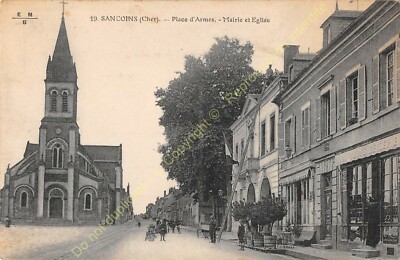 CPA 18600 SANCOINS Place d'armes Marie Eglise Edit E.M. B. ca1913