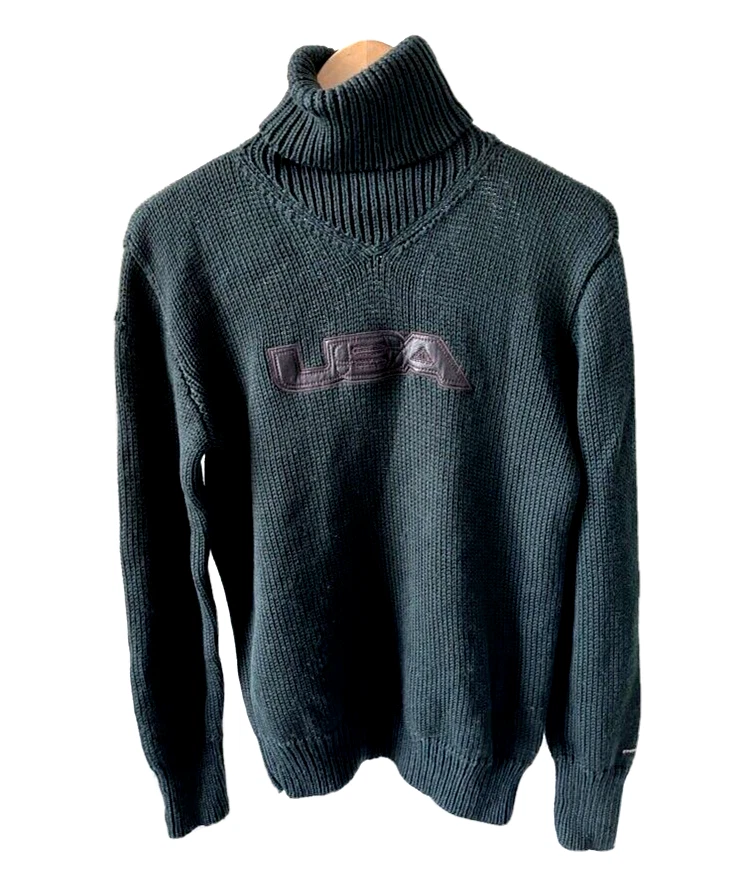 Vintage POLO Sport RALPH LAUREN USA Leather Patch Green Turtleneck Sweater M