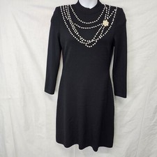 St John Evening Dress Size 8 Black Long Sleeve Pearl Brooch Santana Knit