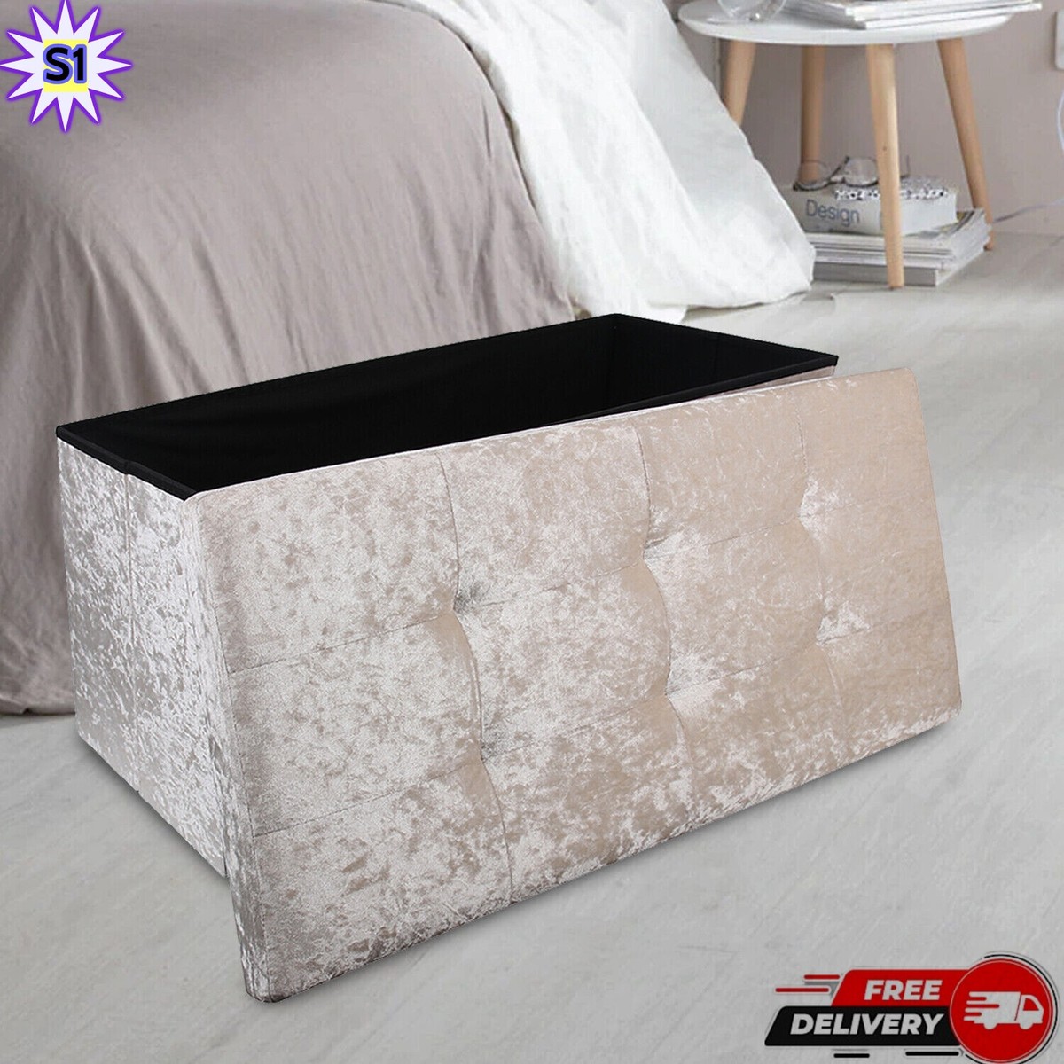 Velvet Ottoman Seat Foldable Double Bed Storage Box Foot Stool Furniture