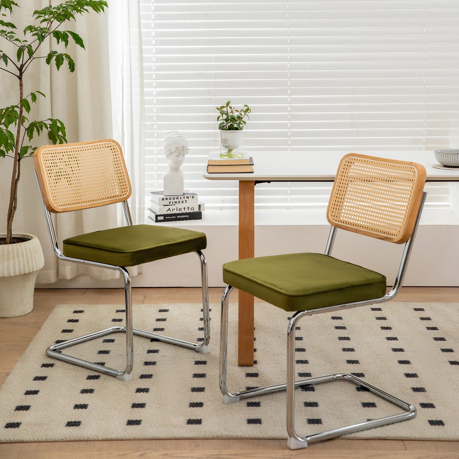 S Kitchen Accent Side Chairs With Rattan Back Green