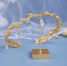 Golden Rhinestone Tiara, Baroque Style, Leaf Design Crown w Pendant Drop