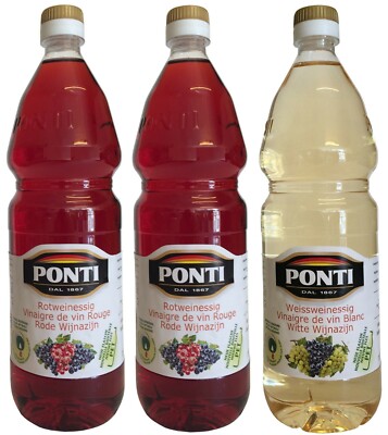 (5,00 /L) Rot Weiß Weinessig PONTI (3 X 1000ml) PET Fl. Aceto di Vino Classico