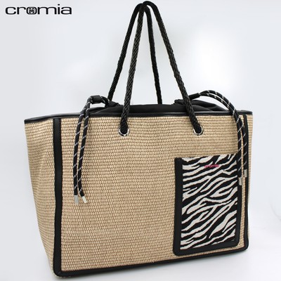 159  CROMIA Maxi Tasche Tote Sport Style aus geflochtenem Stroh beige mit schwarz