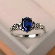 2Ct Oval LabCreated Blue Sapphire Women's Wedding Ring 14K White Gold Plated