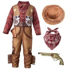 Cowboy Costume for Boys, Kids Western Outfit Hat for Halloween - 4-piece 4-6Y