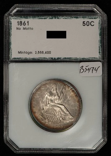 1861 50c 50c Seated Liberty Silver Half Dollar -UNC - Rainbow Rim - Slab - B5474