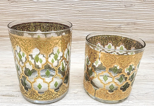 Vintage Culver Valencia Rocks Glasses Set 2 22K Gold Green Diamonds MCM. 2 sizes