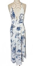 New Woman's Maxi Dress White and Blue Floral Print Halter with Back Tie Size XL
