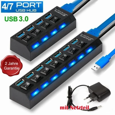 USB 3.0 Hub 4/7 Ports USB Splitter Adapter mit Netzteil Verteiler für PC Laptop - Bild 1 von 4