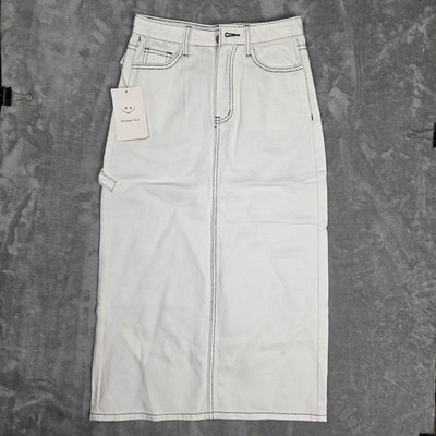 Denim Midi Pencil Skirt Carpenter Style Stitch Womens M White NEW Utility Work