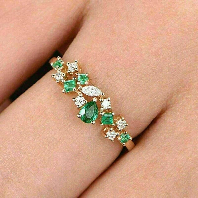 2Ct Pear Cut Lab Created Green Emerald Eternity Band Ring 14K Yellow Gold Plated