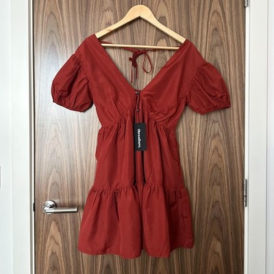 Threadbare Rust Red Poplin Puff Sleeve Tiered V Neck Tie Back Mini Dress 10 NEW
