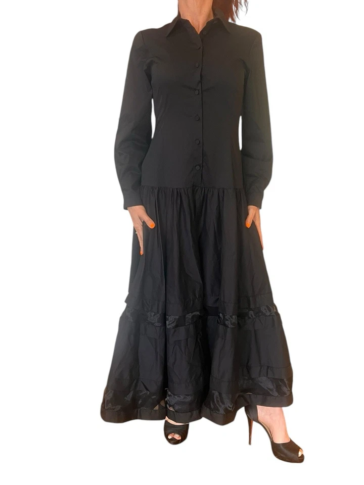 MILVA-MI ITALY SHIRT DRESS BLACK LONG SLEEVE MAXI ROLL TAB SLEEVE CUFF COTTON 40 - Image 2 of 4