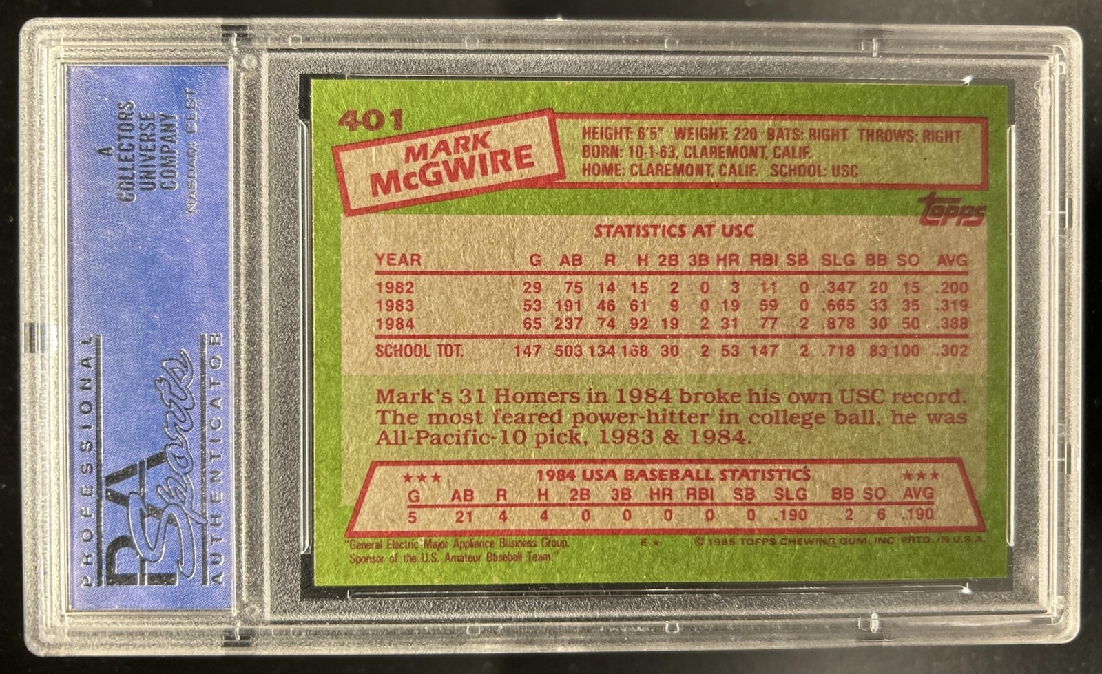 1985 Topps Mark McGwire Rookie RC #401 USA PSA 8 view 2