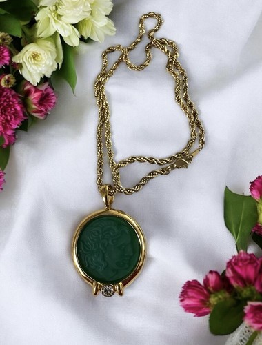 Green Carved Intaglio Greek God Cameo 1 3/4” Crystal Accent Pendant 20” Necklace - Picture 16 of 23