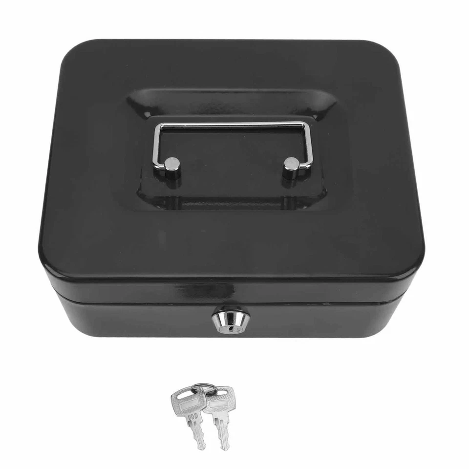 Cash Box Small Locking Safe Metal Money Box Double Layers for Home Office Black - Image 4 of 4