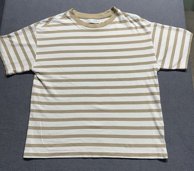 ZARA women  Striped Crew Neck Short Sleeve T-Shirt 100% Cotton White Beige