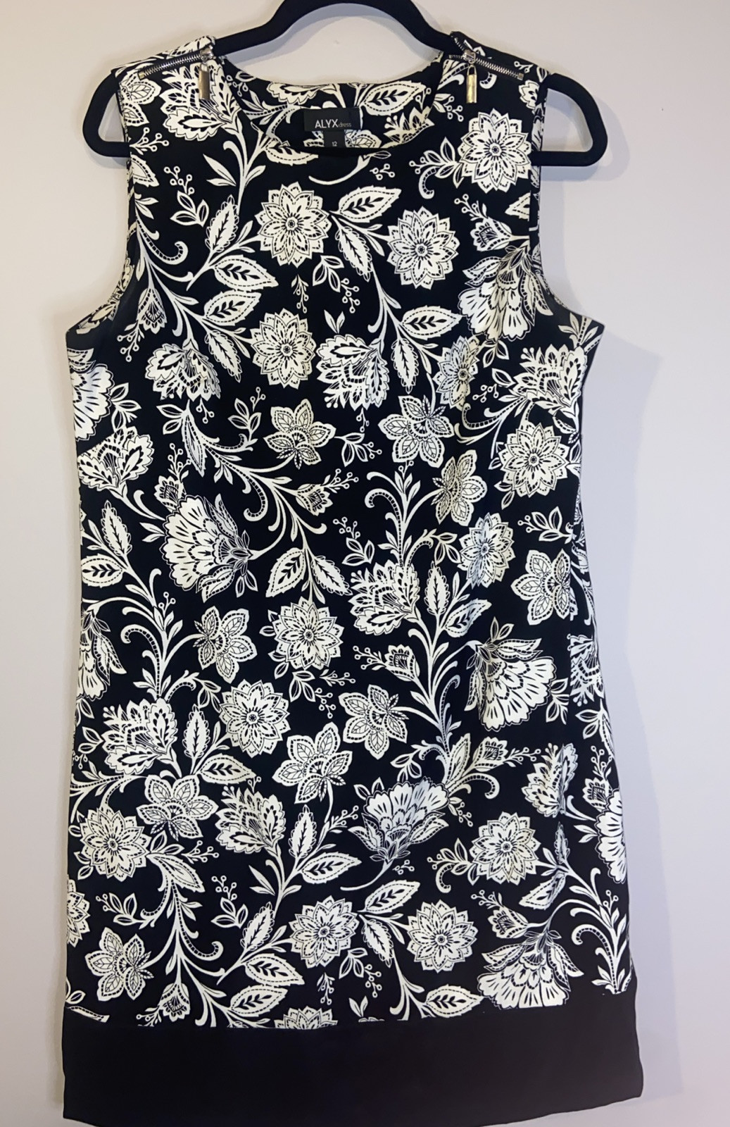 ALYX Black & White Floral Zipper Shoulders Sleeveless Sheath Dress Sz 12
