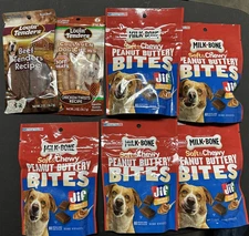 Assortment of 8 Dog Treats, JIF Peanut Butter Milk Bone Bites, Lovin' Tenders 2 