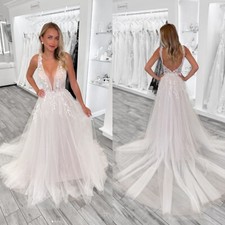 Beach Wedding Dress Deep V Neck Lace Backless Sleeveless A Line Bridal Gowns