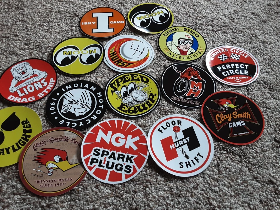 15 calcomanías clásicas de carreras pegatinas NHRA Nascar Gasser Moon Eyes Hurst Isky M&H Foto 2 de 4