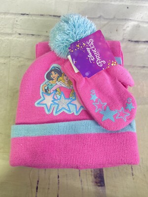 Disney Princess Knit Pom Toddler Beanie Hat Cap Mittens Scarf Piece Set  NEW