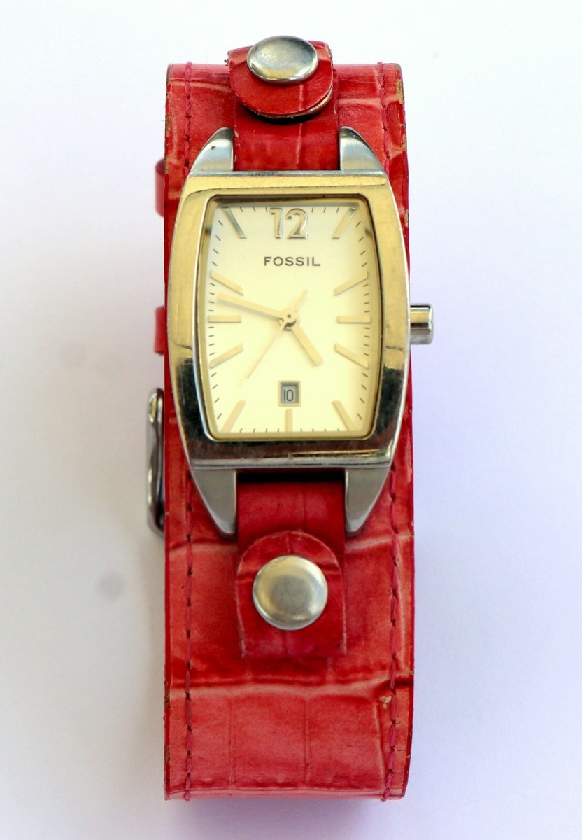 Fossil JR-8610 Pink Leather Cuff Watch Silver Rectangular NEW BATTERY Women Fossil Watch JR-8611 Silver St Steel Case Pink Leather  main image 3