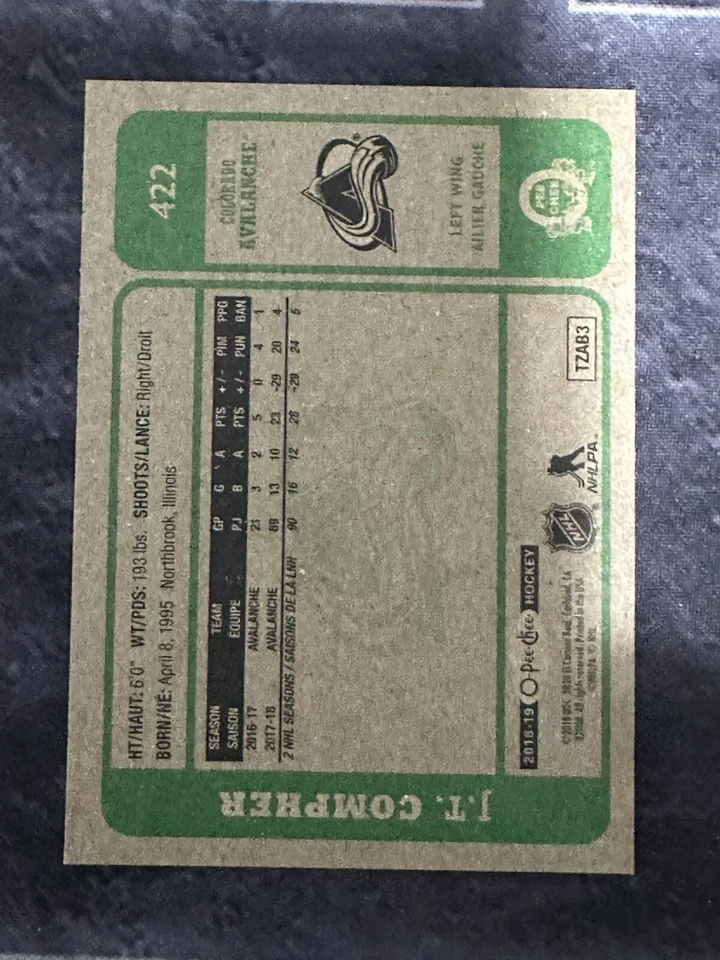 2018-19 O Pee Chee Retro Parallel 422 J.T. Compher Colorado Avalanche - Image 2 of 2