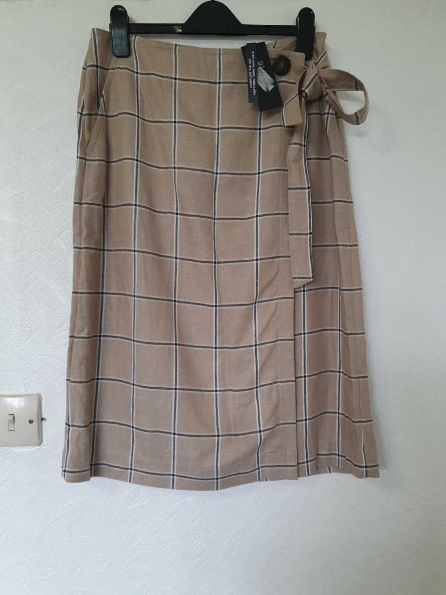 M&S Checked Linen Blend Faux Wrap Midi Skirt Size 12 UK