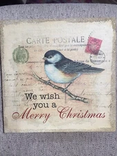 Canvas Christmas  Wall Art 12x12 Carte Postale Bird & Postage Stamps Scene