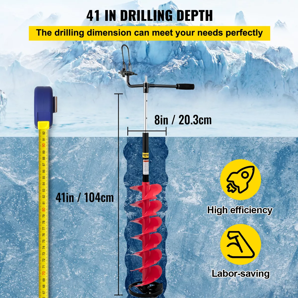 VEVOR Ice Drill Auger Nylon Ice Auger Bit 8 x41 Drill Adapter Ice Fishing Red