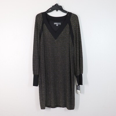 Donna Rico Dress 16 Black Gold Silver Sparkle Vneck Long Sleeve Knee Bodycon NWT