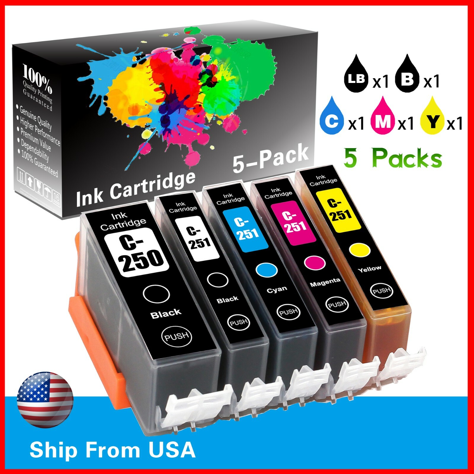 Red Ink Cartucce Ricaricabili Per Stampante Canon PGI-250 CLI-251 | Compatibili MG5420 MG5520 E Altri Cartucce A Getto D'inchiostro