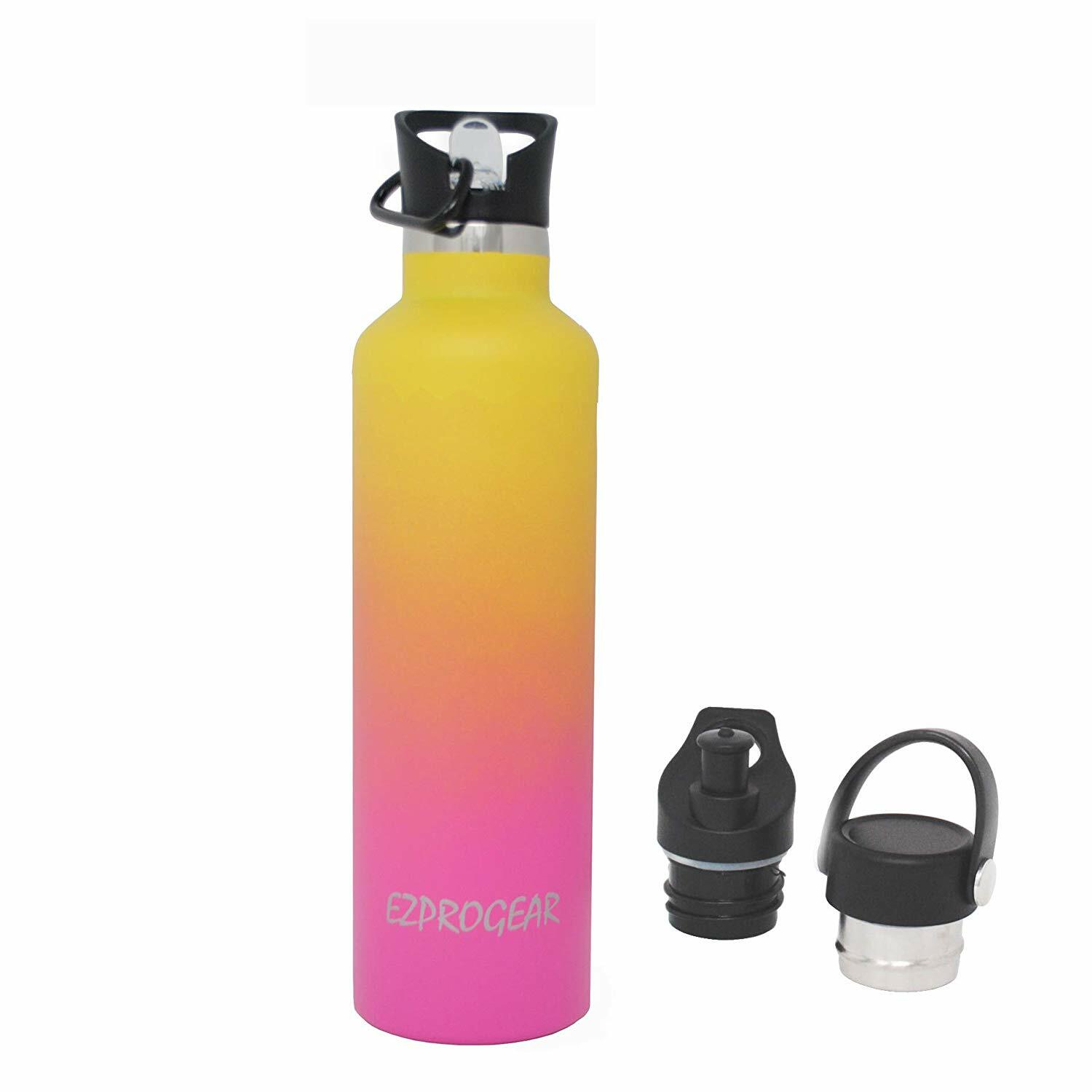Stainless Steel Vacuum Insulated Double Wall Water Bottle  w/3 Lid, Straws, Clip