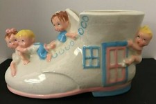 Vintage Ceramic Baby Boot Planter With Boy  Girl Playful Babies FREE SHIP