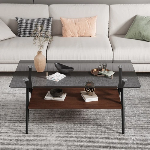 Modern Rectangle Coffee Table Tempered Glass top Brown MDF Shelf Table - Picture 7 of 10