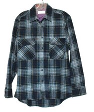 Vintage Sears Roebuck  Co Blue Plaid Wool Blend Flap Pockets Mens Shirt Size M