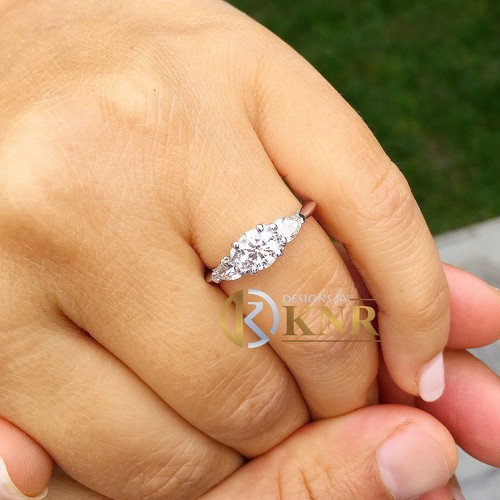 Round And Pear Moissanite Engagement Ring Three Stone 14k Solid White Gold 1.50 - Picture 8 of 11