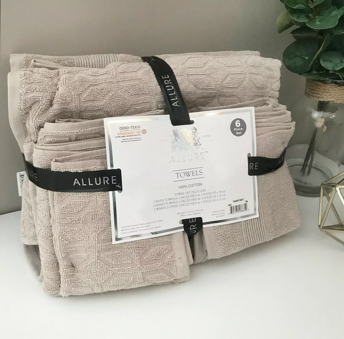 6-PC SET New ALLURE Cotton Wash Bath Hand Towels Half Geometric Half Solid  Taupe