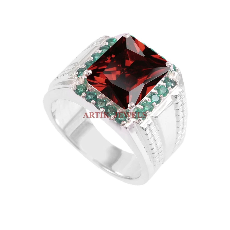 Piedras preciosas de granate natural y ónix verde con anillo de plata de ley 925 para hombre #5809 Foto 3 de 4