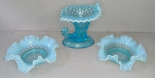 3 Vintage Fenton Opalescent Hobnail Glass Pieces Collectables Blue