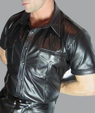 Men's Real Leather Police Shirt Gay Biker Schwarz Cuir Lederhemd Black Size XL
