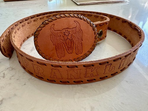 Tandy Leather Belt tooled with FRANKLIN and pinecone bear design - 46" w Buckle