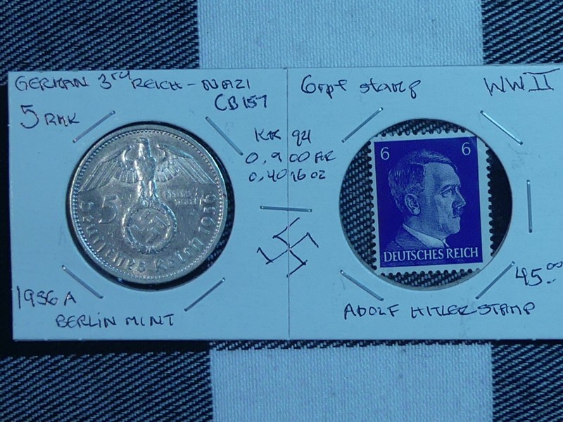 CB157: GERMAN 3rd Reich,Nazi, Silver Large Swastika 5 RMark, 6 PF ,Hitler Stamp