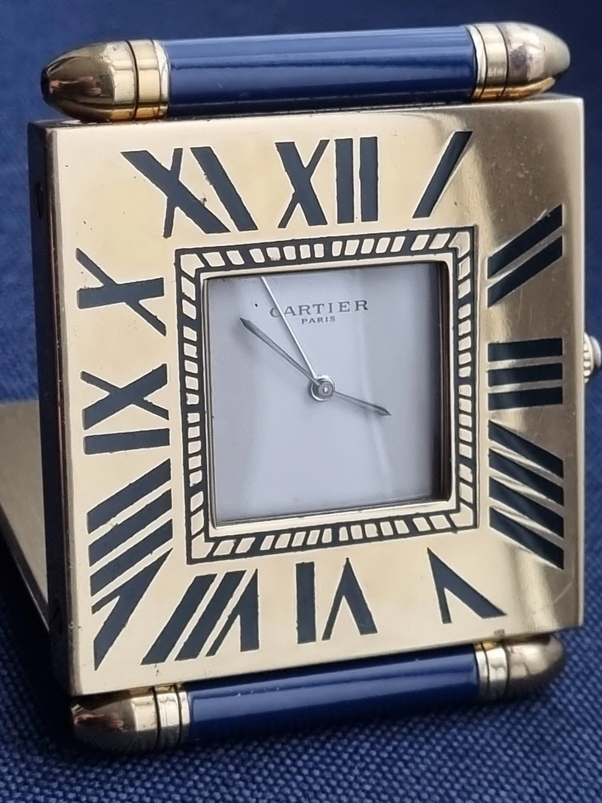 Cartier — Cartier Alarm Travel Quartz Vintage Luxury Watch Gold&blue