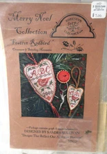 Homespun Elegance FESTIVE REDBIRD ORNIE & FOB Cross Stitch Pattern Charm & Linen