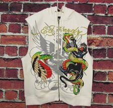 Ed Hardy Panther Snake Sleeveless Ivory Hoodie Vest Size Medium NWT.