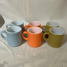 6 Piece Set Vintage Hazel Atlas Milk Glass Coffee Mug Orange Blue Brown